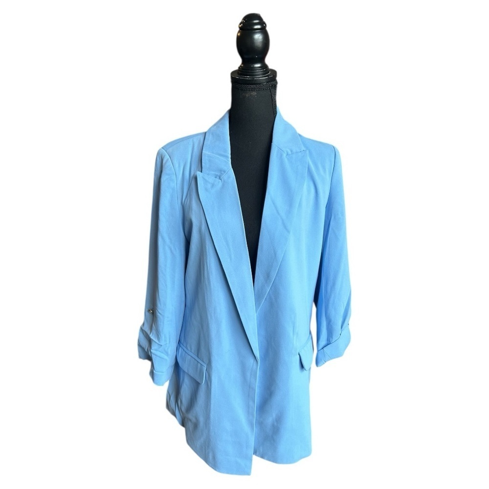 T Tahari Lapel Collar 3/4 Roll Sleeve Open Front Woven Blazer - Picture 2 of 10